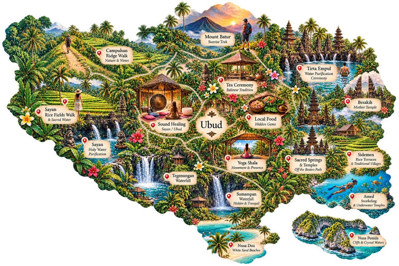 Ubud-centered Bali travel map showing Mount Batur, Campuhan Ridge Walk, Sound Healing, Tea Ceremony, Tirta Empul, Besakih, Sacred Springs, Sidemen Rice Terraces, Yoga Shala, Tegenungan and Sumampan Waterfalls, Nusa Dua and Nusa Penida